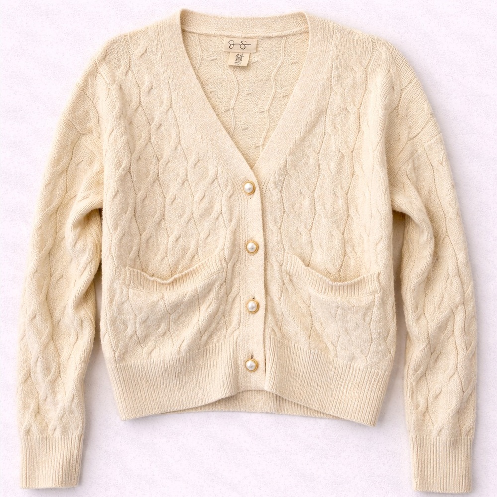Jessica Simpson Cable Knit Cardigan Cream Pearl Button Cropped Sweater XS